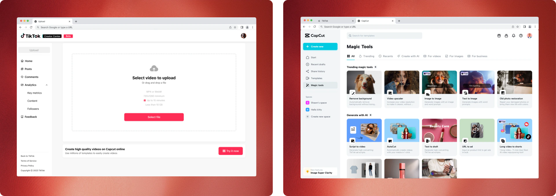 TikTok Web 发布器中的 CapCut 入口与 CapCut Web 工具页面